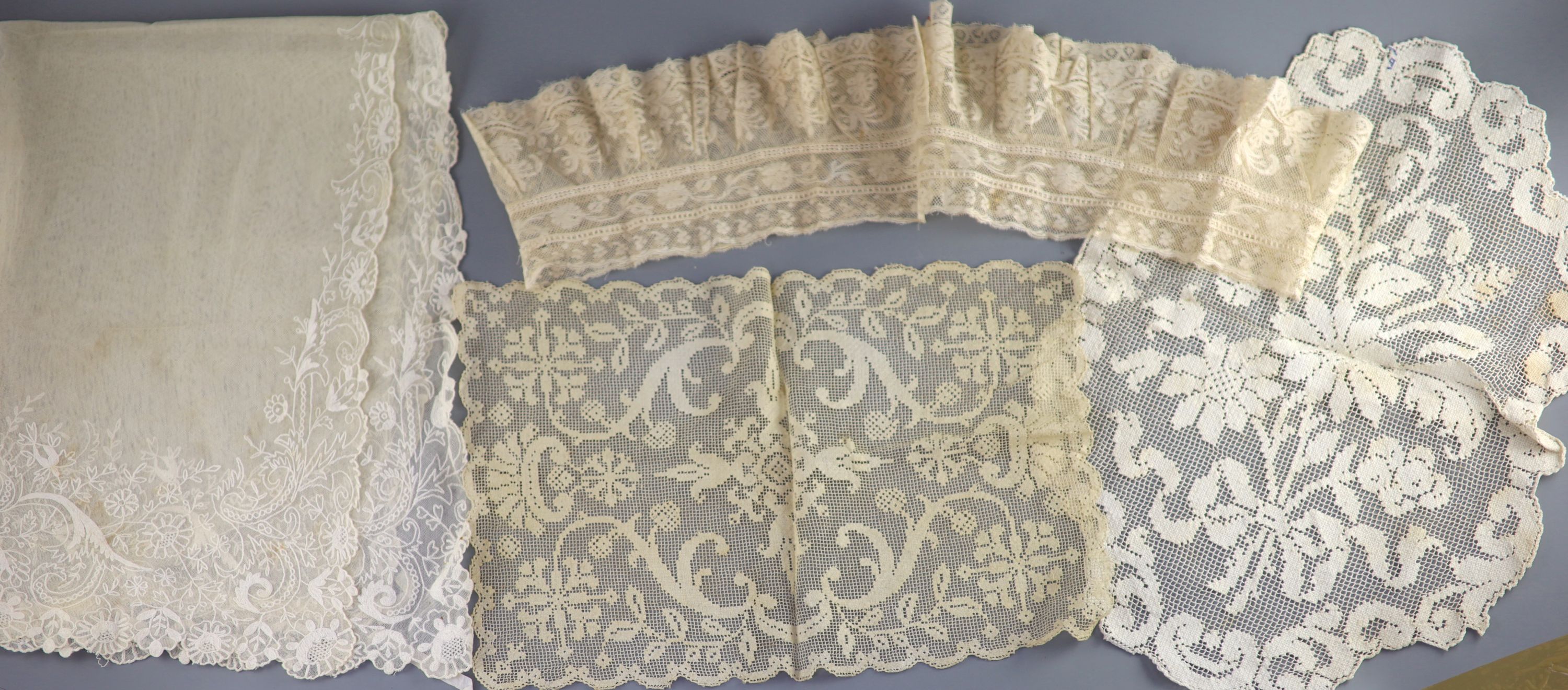 A 19th century needle-run bonnet veil, a French lace ruffed bobbin collar and two filet panels